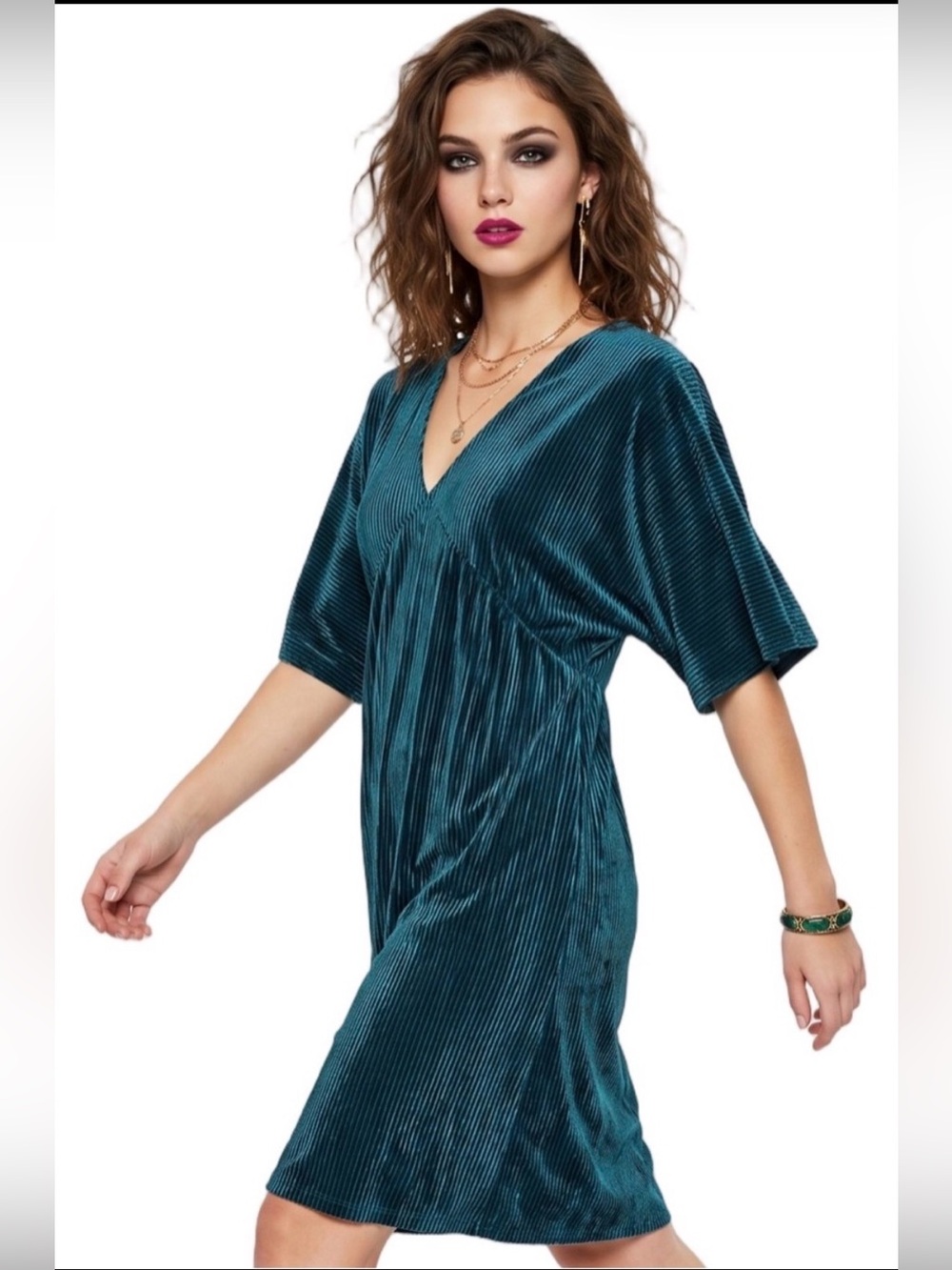 CES FEMME Emerald Green Velvet V neck Shortsleeve Mini Dress Kimono Minimalist